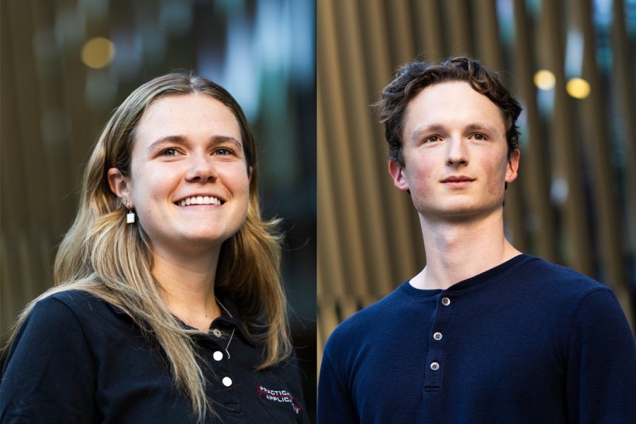 Hannah Giusti and Graham MacDonald were named inventors on a ground-breaking patent for PFAS treatment. Photo by Alyssa Stone/Northeastern University